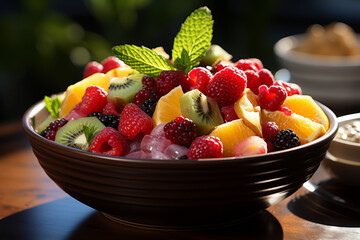 Poster - A vibrant fruit salad in a fun-shaped bowl, enticing for young eyes. Concept of healthy desserts and enjoyment. Generative Ai.