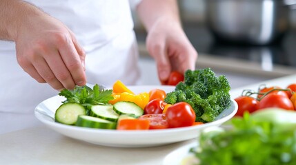 Wall Mural - A chef is preparing a plate of vegetables, including broccoli, tomatoes