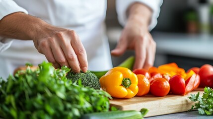 Wall Mural - A chef is preparing a salad with a variety of vegetables, including broccoli