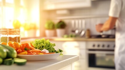 Wall Mural - A kitchen counter with a plate of vegetables and a person cooking