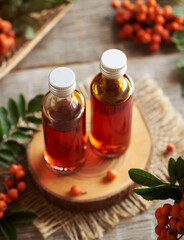 Wall Mural - Rowan berry syrup in two glass bottles