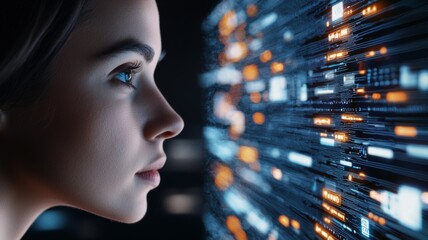 Wall Mural - A woman is looking at a computer screen with a lot of numbers and lines