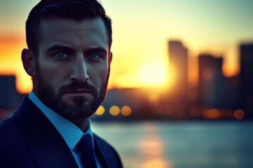 Wall Mural - Portrait of a confident man in a suit standing by the waterfront during sunset with a city skyline in the background embodying urban sophistication and determination