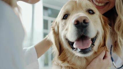 Poster - A woman is petting a dog in a hospital setting