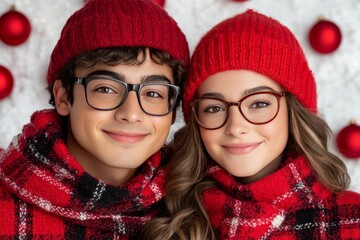 Festive winter portrait of two children in red hats and plaid scarves smiling with joy and warmth embodying the spirit of the holiday season in a cozy and cheerful atmosphere