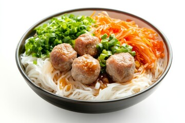 Rice vermicelli noodle and meatball Braised pork and tofu pork in the bowl, Isolated on White Background