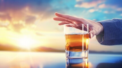 Wall Mural - A hand is holding a glass of alcohol, with the sun setting in the background