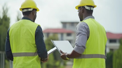 Canvas Print - Two men in yellow safety vests are looking at a piece of paper