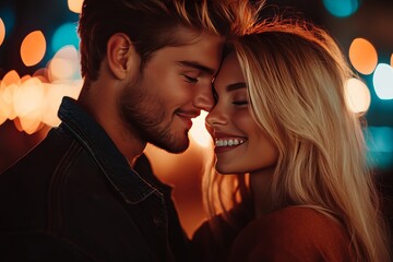 Poster - Romantic couple sharing a close moment under warm glowing lights capturing the intimacy love and connection that define their special relationship