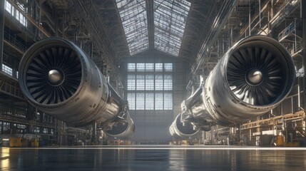 Two Airplane Engines Suspended Inside a Large Industrial Building