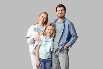 Poster - Happy family in stylish denim clothes on grey background