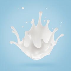 Wall Mural - milk splash on the light blue background. 3d render