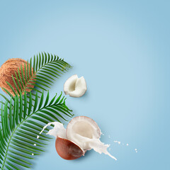 Poster - coconuts with milk splash and leaf on a light blue background