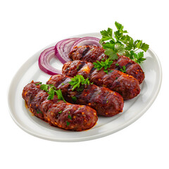 Wall Mural - Mouthwatering saudi arabian grilled kebabs served on a white plate, garnished with fresh herbs and sliced red onions, showcasing traditional middle eastern cuisine