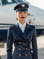 Poster - A flight attendant wears a sleek navy uniform and a cap, posing near an aircraft on the runway in bright daylight. Generative AI