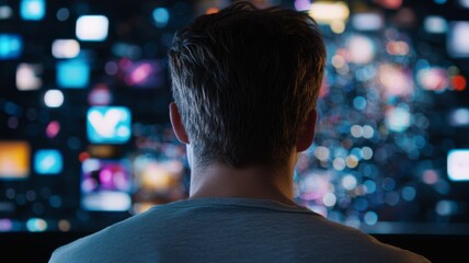 Wall Mural - A man is sitting in front of a television screen with a blurry background