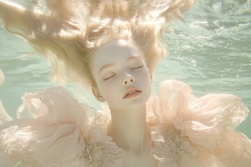 Canvas Print - Dreamy underwater portrait of a woman in a flowing dress floating gracefully in the water embodying serenity freedom and the ethereal beauty of the aquatic world