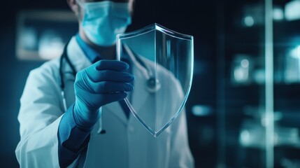 Doctor holding a transparent shield symbolizing healthcare protection