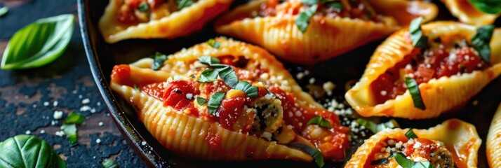 Canvas Print - Stuffed Pasta Shells with Basil and Tomato Sauce