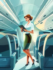 Aufkleber - The flight attendant stands carefully in the aisle, checking her tablet, ready to assist passengers on board the aircraft. Generative AI