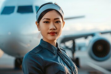 Poster - The flight attendant stands smiling in front of an airplane, ready to assist passengers as they prepare to board at the bustling airport. Generative AI