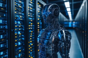 Wall Mural - Futuristic humanoid robot in a data center symbolizing the advanced integration of AI and robotics within modern digital infrastructures