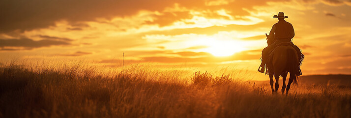 A lone cowboy rides into the sunset across a golden-hued prairie landscape at dusk