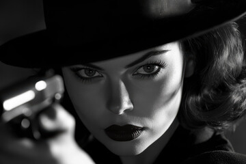 Wall Mural - A beautiful 1940s woman pointing a handgun at the camera. Brunette woman in black and white photography. Femme fatale in film noir style.