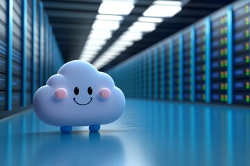 Sticker - Smiling cloud character in a high tech server room symbolizing the friendly and accessible side of cloud computing technology in modern digital environments