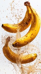 Falling Bananas Culinary Action Photography, Fresh Ripe Organic Fruit Delicious Tasty Healthy Snack, Zero Gravity Isolated Food White Background, Restaurant Menu Cookbook Recipe Ingredients Photo, 