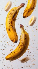 Falling Bananas Culinary Action Photography, Fresh Ripe Organic Fruit Delicious Tasty Healthy Snack, Zero Gravity Isolated Food White Background, Restaurant Menu Cookbook Recipe Ingredients Photo, 