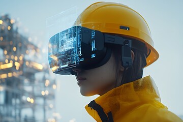 Wall Mural - A person wearing a VR headset and helmet, engaged in a futuristic industrial environment.