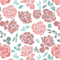 Seamless pattern with beautiful vintage rose and decorative leaf silhouette on colorful background. Wallpaper with rose flower in old antique style. Vector stock illustration