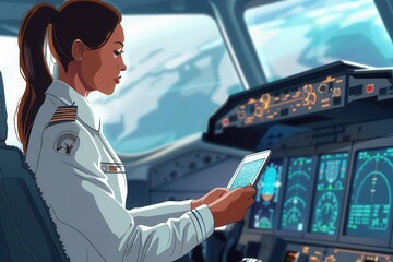 Poster - A flight attendant operates a navigation device while seated in the cockpit, assisting with flight management at cruising altitude. Generative AI