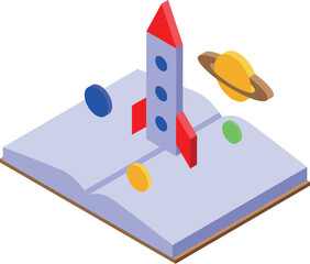 Poster - Open book with rocket launching into space with planets around, concept of imagination and knowledge