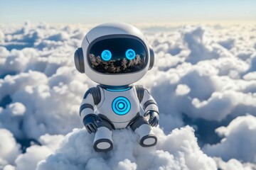 Wall Mural - Adorable robot sitting among clouds symbolizing the fusion of AI technology and cloud computing in a serene futuristic environment emphasizing innovation and the humanization of technology