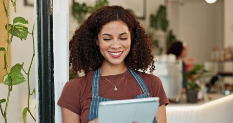 Canvas Print - Thinking, planning and tablet with coffee shop waitress in doorway for hospitality or welcome. Cafe, idea and online order with happy barista woman in restaurant for small business or startup