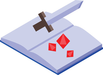 Poster - Fantasy book with sword and gemstones isometric icon is isolated on white background