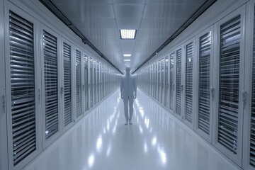 Poster - Person walking through a futuristic sterile data center with bright white lights representing the infrastructure of cloud computing and secure data management in a high tech digital environment