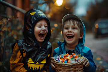 Wall Mural - Children eating candy on Halloween night, enjoying the spoils from trick or treating adventures