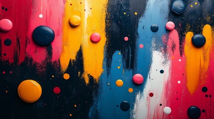 A vibrant abstract painting with colorful drips and circular paint blobs.