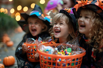 Wall Mural - Children eating candy on Halloween, celebrating their trick or treating success with joy and laughter