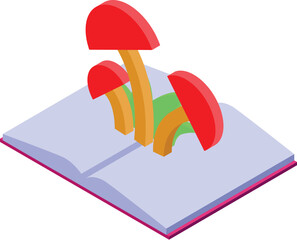 Poster - Open book is showing mushrooms growing from its pages, in a colorful isometric style
