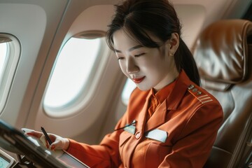 Poster - A flight attendant is focused on her tasks while seated at her workstation, preparing for passenger service during the flight. Generative AI