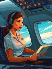 Poster - A flight attendant is seated by the window, reading a tablet while enjoying the beautiful view outside during a late flight. Generative AI