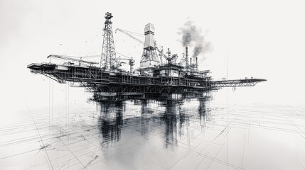 Sketch of the structure of the drilling platform on a white background. Oil rig working in the open sea. A unit designed to perform drilling under the bottom of the water body.