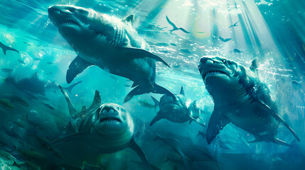 Wall Mural - Ferocious sharks with powerful jaws and sharp teeth chasing their seal prey in a vibrant sunlit underwater seascape filled with marine life kelp and coral