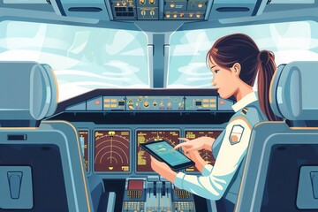 Poster - A flight attendant reviews flight information on a tablet while seated in the cockpit, surrounded by aircraft instruments and daylight. Generative AI