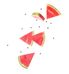 Canvas Print - Flying pieces of fresh watermelon and seeds on white background