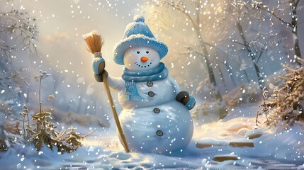 Wall Mural - Adorable Snowman with Blue Hat and Scarf in Snowy Forest, Winter Holiday Scene